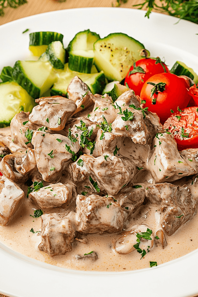 Beef in cream sauce with salad