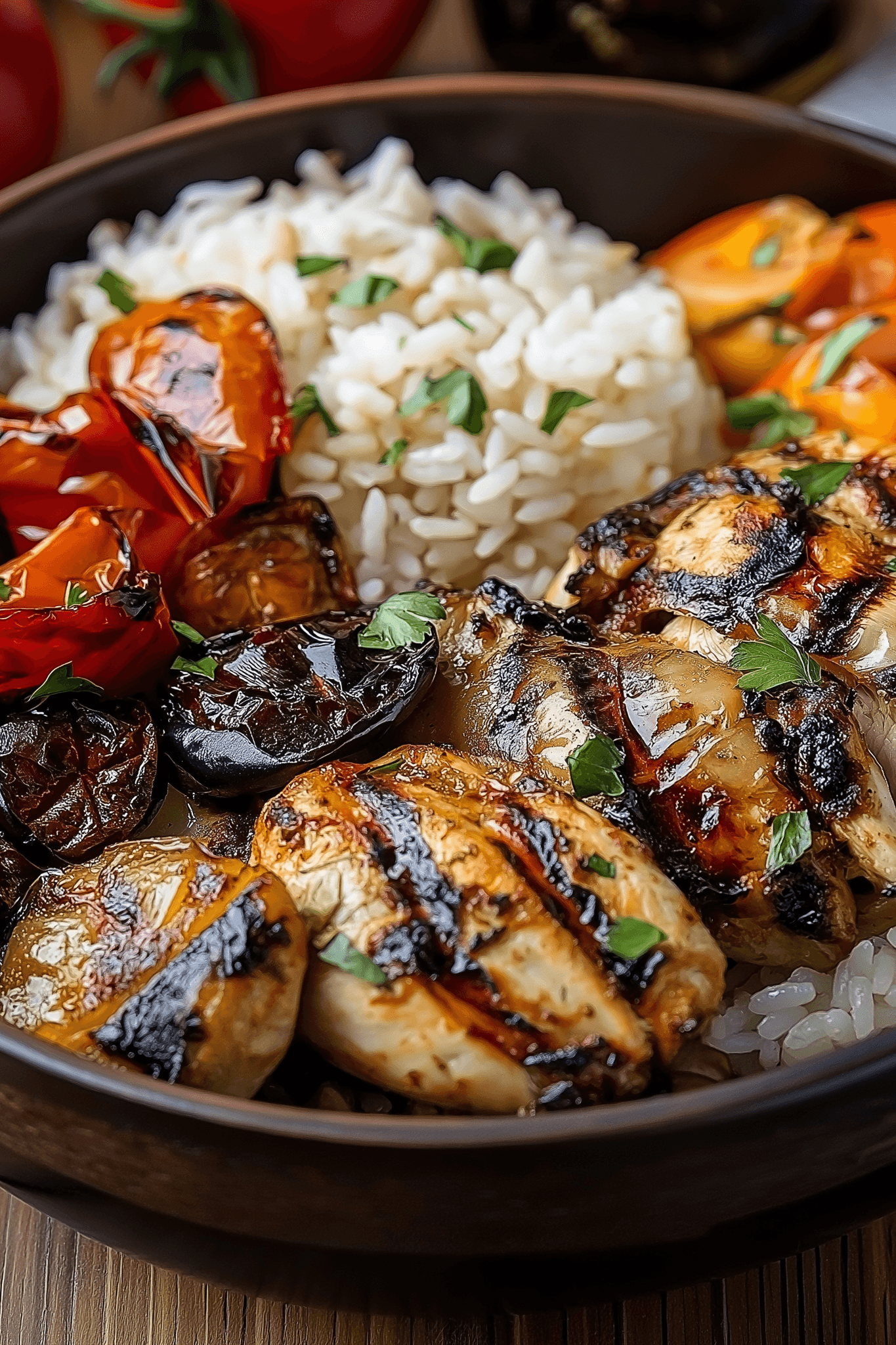 Grilled chicken with rice and vegetable stews